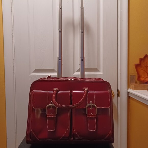 Franklin Covey Red/Burgundy Leather Rolling Luggage/Laptop Bag/Briefcase - Picture 1 of 10